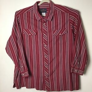 Red striped long sleeve pearl snap cowboy western shirt. 3XL